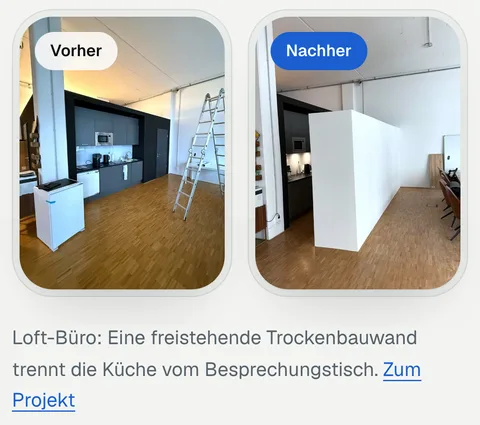 Fotos von der Website von Trockenbau Maschmeier: Loft-Büro vorher und nachher, eine freistehende Trockenbauwand trennt die Küche vom Besprechungstisch